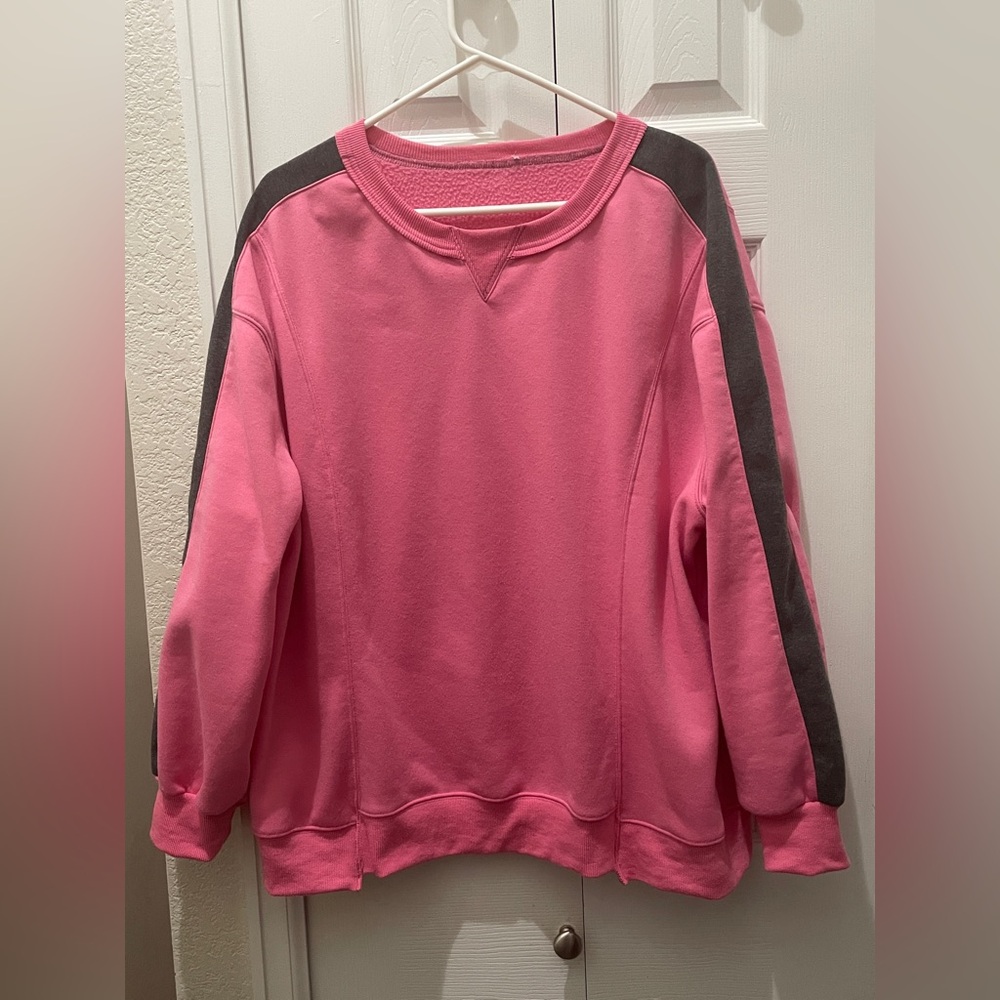 Bright Pink Crewneck Sweatshirt with Charcoal Stripes